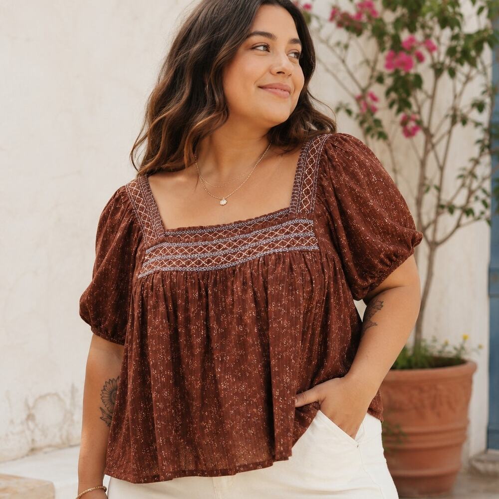 Madewell SZ XXL Square-Neck Smocked Top in Dotted Vines Rusted Burgundy NWT